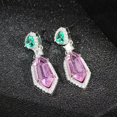 Georgia Geometric Crystal Dangle Earrings - Medium-sized dangle earrings featuring a small green topaz on the lobe, large pink topaz hanging below, and lots of lovely, small white crystals.