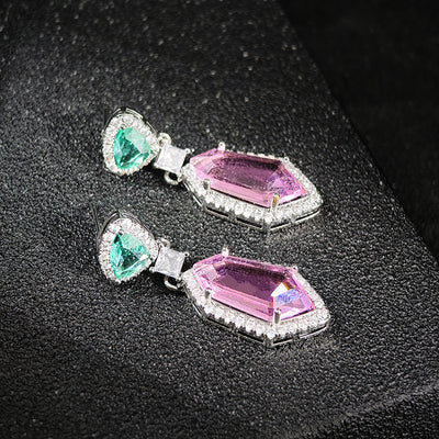 Georgia Geometric Crystal Dangle Earrings - Medium-sized dangle earrings featuring a small green topaz on the lobe, large pink topaz hanging below, and lots of lovely, small white crystals.