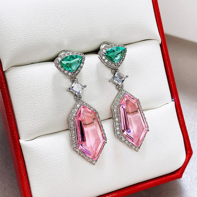 Georgia Geometric Crystal Dangle Earrings - Medium-sized dangle earrings featuring a small green topaz on the lobe, large pink topaz hanging below, and lots of lovely, small white crystals.