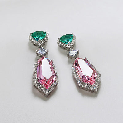 Georgia Geometric Crystal Dangle Earrings - Medium-sized dangle earrings featuring a small green topaz on the lobe, large pink topaz hanging below, and lots of lovely, small white crystals.
