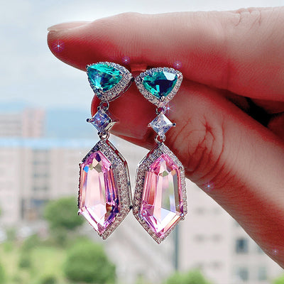 Georgia Geometric Crystal Dangle Earrings - Medium-sized dangle earrings featuring a small green topaz on the lobe, large pink topaz hanging below, and lots of lovely, small white crystals.