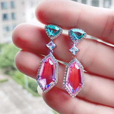 Georgia Geometric Crystal Dangle Earrings - Medium-sized dangle earrings featuring a small green topaz on the lobe, large pink topaz hanging below, and lots of lovely, small white crystals.