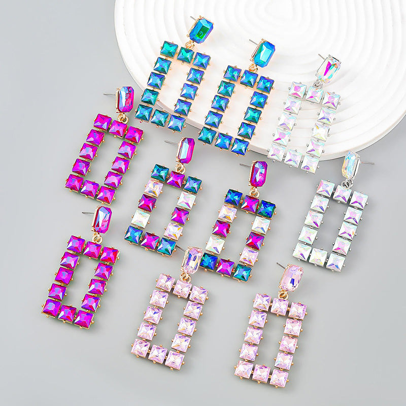 Gloria Geometric Crystal Drop Earrings - Large rectangular earrings made from multi-coloured iridescent square crystals.