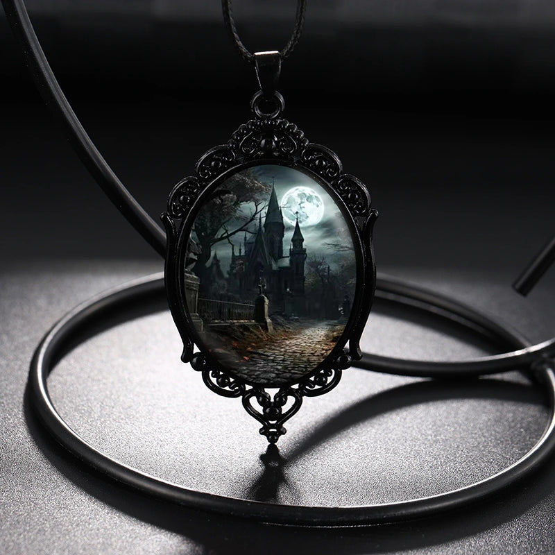 Gothic Castle Cameo Necklace - A large gothic glass cabochon featuring an image of a spooky castle against a cloudy night sky with a huge full moon.