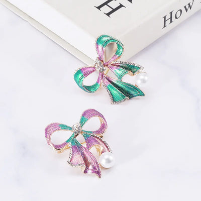 Grace Ribbon Bow Brooch - A lovely feminine brooch shaped like a stylised pink-and-green sparkly ribbon tied in a bow.