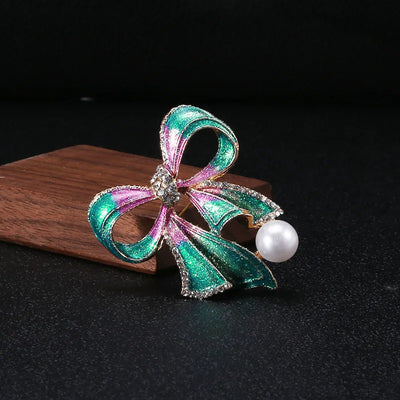 Grace Ribbon Bow Brooch - A lovely feminine brooch shaped like a stylised pink-and-green sparkly ribbon tied in a bow.