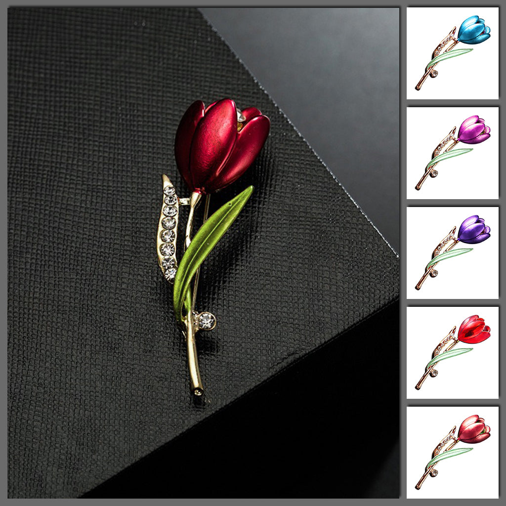 The Gretchen Enamel Tulip Brooch - A tall, slender enamel flower brooch with a colourful flower head and delicate round crystals along one of the leads. 