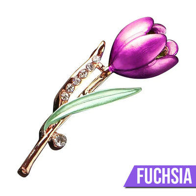 The Gretchen Enamel Tulip Brooch - A tall, slender enamel flower brooch with a colourful flower head and delicate round crystals along one of the leads.