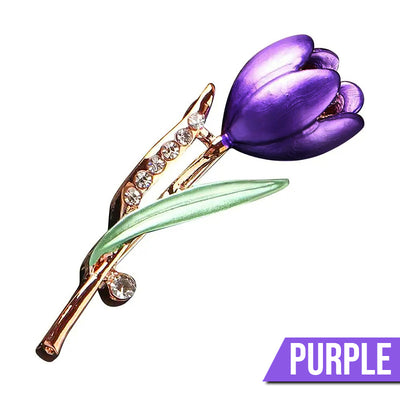 The Gretchen Enamel Tulip Brooch - A tall, slender enamel flower brooch with a colourful flower head and delicate round crystals along one of the leads.