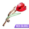 The Gretchen Enamel Tulip Brooch - A tall, slender enamel flower brooch with a colourful flower head and delicate round crystals along one of the leads.