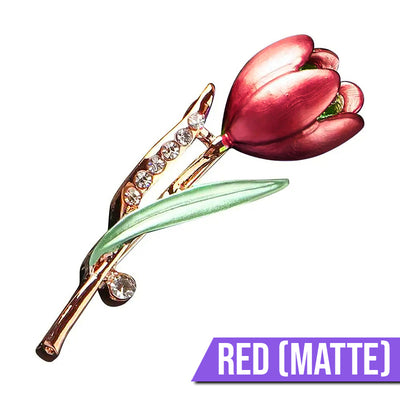 The Gretchen Enamel Tulip Brooch - A tall, slender enamel flower brooch with a colourful flower head and delicate round crystals along one of the leads.