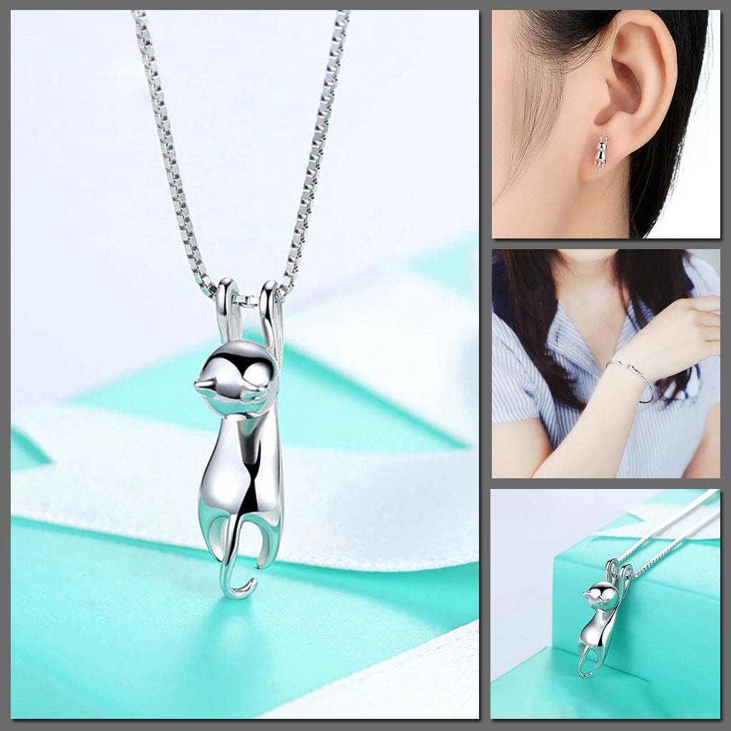 Hang In There Set - A simple sterling silver cat themed jewellery set themed after the classic "Hang In There" kitty posters common to offices the world over.