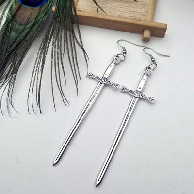 Hildr Valiant Valkyrie Sword Earrings - A long stylised silver sword charm attached to a standard french hook.