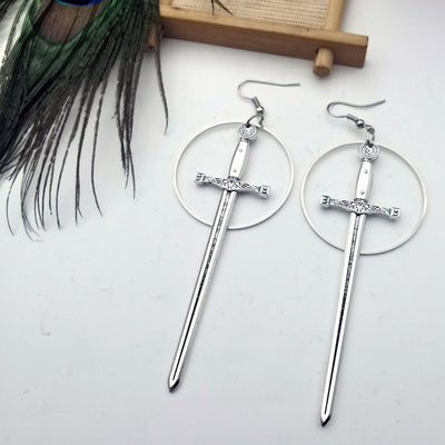 Hildr Valiant Valkyrie Sword Earrings - A long stylised silver sword charm attached to a standard french hook.