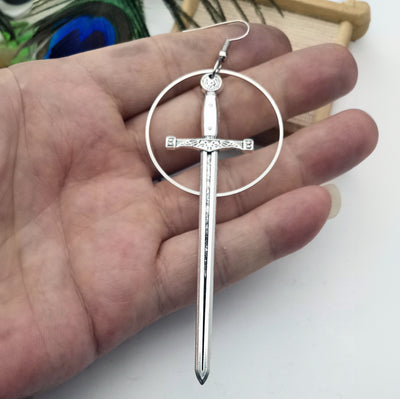 Hildr Valiant Valkyrie Sword Earrings - A long stylised silver sword charm attached to a standard french hook.