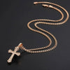 Hope Bejewelled Cross Necklace - A small, elegant rose gold ornate crucifix on a matching double-link chain.