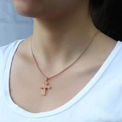 Hope Bejewelled Cross Necklace - A small, elegant rose gold ornate crucifix on a matching double-link chain.