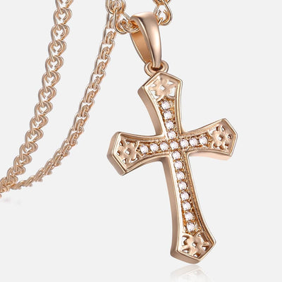 Hope Bejewelled Cross Necklace - A small, elegant rose gold ornate crucifix on a matching double-link chain.