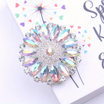 Ilona Iridescent Crystal Blossom Brooch - A large, circular brooch featuring an assortment of white quartz and marquise cut iridescent stones.