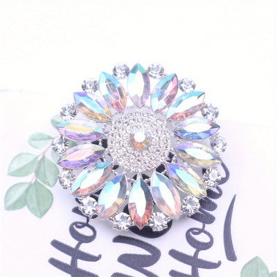 Ilona Iridescent Crystal Blossom Brooch - A large, circular brooch featuring an assortment of white quartz and marquise cut iridescent stones.