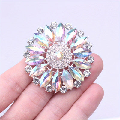 Ilona Iridescent Crystal Blossom Brooch - A large, circular brooch featuring an assortment of white quartz and marquise cut iridescent stones.