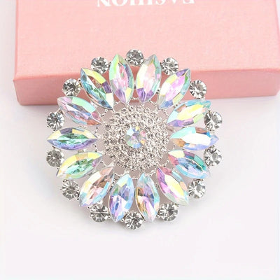 Ilona Iridescent Crystal Blossom Brooch - A large, circular brooch featuring an assortment of white quartz and marquise cut iridescent stones.
