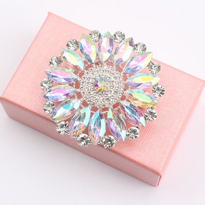 Ilona Iridescent Crystal Blossom Brooch - A large, circular brooch featuring an assortment of white quartz and marquise cut iridescent stones.
