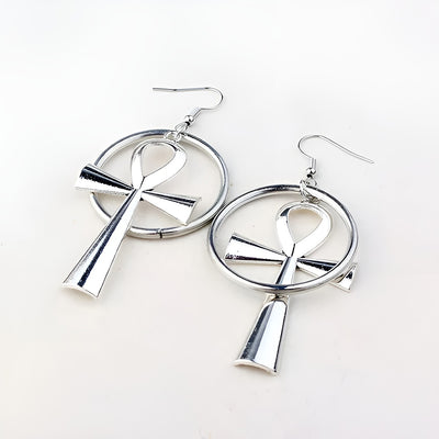 Isis Gothic Ankh Earrings - A pair of chunky silver-toned ankh earrings with a  round matching loop.