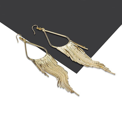 Jahzara Tassel Earrings - Long stylish statement dangles, featuring a hollow teardrop shape with tassels strung off it.
