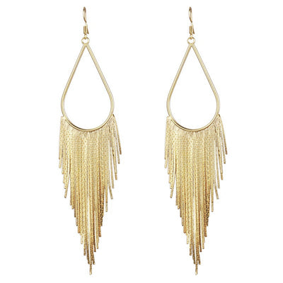 Jahzara Tassel Earrings - Long stylish statement dangles, featuring a hollow teardrop shape with tassels strung off it.