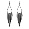 Jahzara Tassel Earrings - Long stylish statement dangles, featuring a hollow teardrop shape with tassels strung off it.