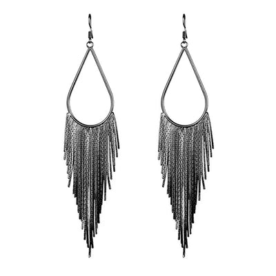 Jahzara Tassel Earrings - Long stylish statement dangles, featuring a hollow teardrop shape with tassels strung off it.