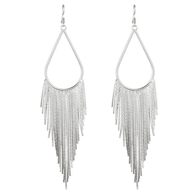 Jahzara Tassel Earrings - Long stylish statement dangles, featuring a hollow teardrop shape with tassels strung off it.
