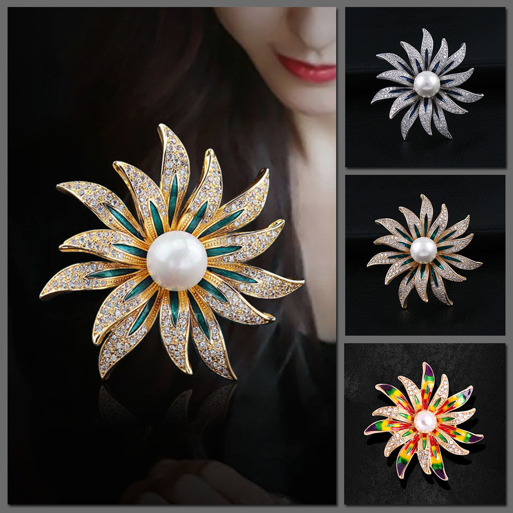 Kamla Lotus Blossom Enamel Brooch - A large decorative brooch shaped like a multi-petalled flower, available in blue/silver, green/gold, or rainbow colours.