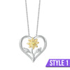 The Kelly Sunflower Heart Necklace - An elegant floral-themed necklace featuring a platinum plated heart with a beautiful yellow gold sunflower, and sparkling crystals.