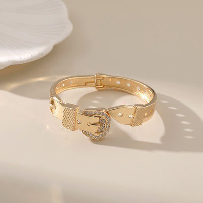 Kimberly Hinged Cuff Bangle - An elegant champagne or white gold hinged cuff bangle stylised to look like a belt, and encrusted with delicate crystals.