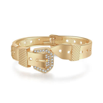 Kimberly Hinged Cuff Bangle - An elegant champagne or white gold hinged cuff bangle stylised to look like a belt, and encrusted with delicate crystals.