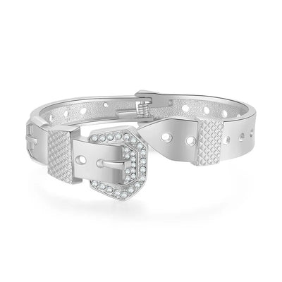 Kimberly Hinged Cuff Bangle - An elegant champagne or white gold hinged cuff bangle stylised to look like a belt, and encrusted with delicate crystals.