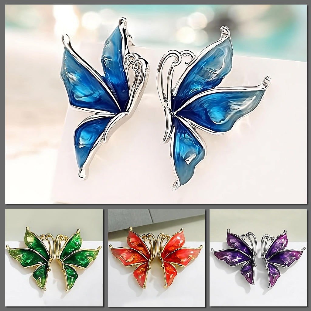 Lacquer Wings Enamel Earrings - Vibrantly colourful enamel earrings with a butterfly motif, available in blue, green, orange, and purple. 