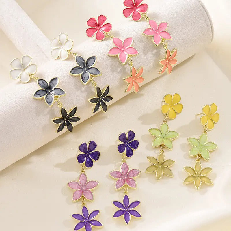 Laka Hibiscus Flower Drop Earrings - Long enamel earrings with three flowers painted in different complimentary shades of enamel paint.