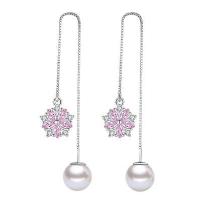 Asuka Cherry Blossom Tassel Drop Earrings - Small, delicate crystal flowers suspended from a long silver threader earring.