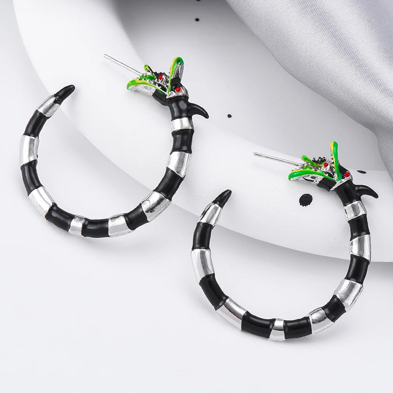 Lydia Striped Sandworm Hoop Earrings - Silver and black hoop earrings with a subtle worm head motif around the lobe, to resemble the sandworm form of the main character from Beetlejuice.