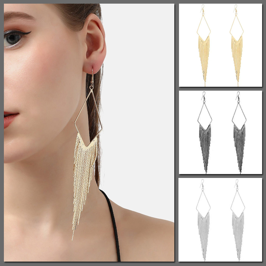 Malaika Tassel Earrings - Long stylish statement dangles, featuring a hollow diamond shape with tassels strung off it.