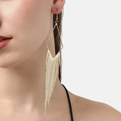 Malaika Tassel Earrings - Long stylish statement dangles, featuring a hollow diamond shape with tassels strung off it.