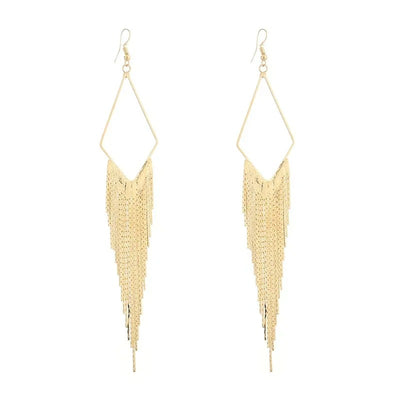 Malaika Tassel Earrings - Long stylish statement dangles, featuring a hollow diamond shape with tassels strung off it.