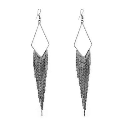 Malaika Tassel Earrings - Long stylish statement dangles, featuring a hollow diamond shape with tassels strung off it.