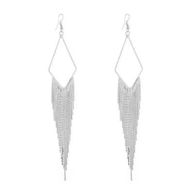 Malaika Tassel Earrings - Long stylish statement dangles, featuring a hollow diamond shape with tassels strung off it.
