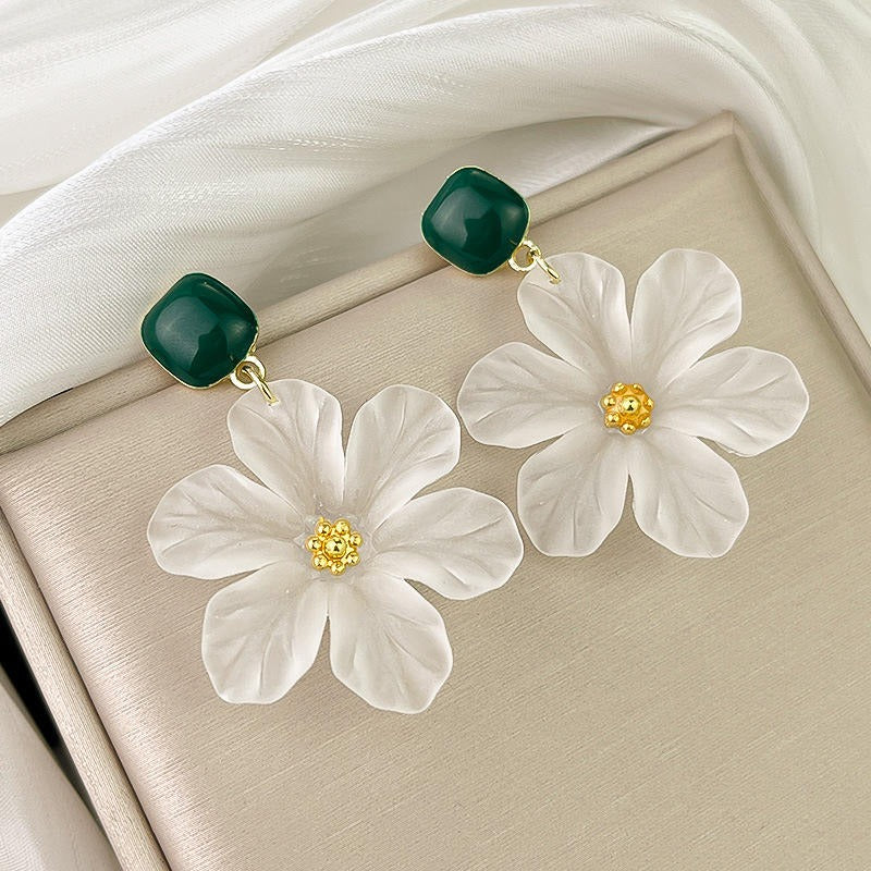Margaret Apple Blossom Drop Earrings - Lovely stylised white apple blossom earrings sculpted from semi-translucent white acetate, suspended from a green enamel earring finding.