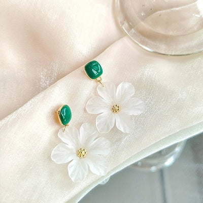 Margaret Apple Blossom Drop Earrings - Lovely stylised white apple blossom earrings sculpted from semi-translucent white acetate, suspended from a green enamel earring finding.