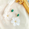 Margaret Apple Blossom Drop Earrings - Lovely stylised white apple blossom earrings sculpted from semi-translucent white acetate, suspended from a green enamel earring finding.